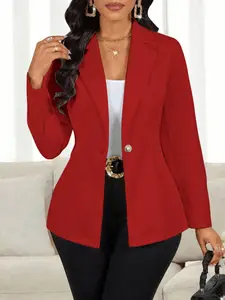 Women's All-Season Solid Color Blazer Jacket, Collared Long Sleeve Single Button Cardigan, Elegant Chic Simple Fitted Outerwear Womenswear
