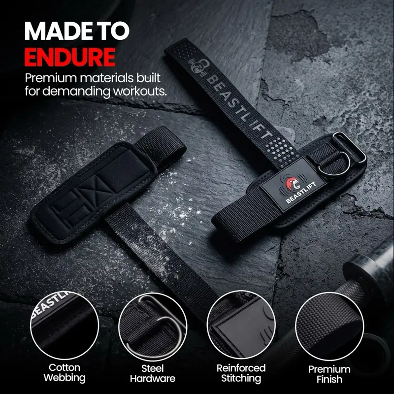 BeastLift D-Ring Lifting Straps with 7mm Neoprene Wrist Cuff, 100% Cotton Strap, Silicone Grip Dots, Steel D-Ring for Free-Weight & Cable Training - Carrying Case Included