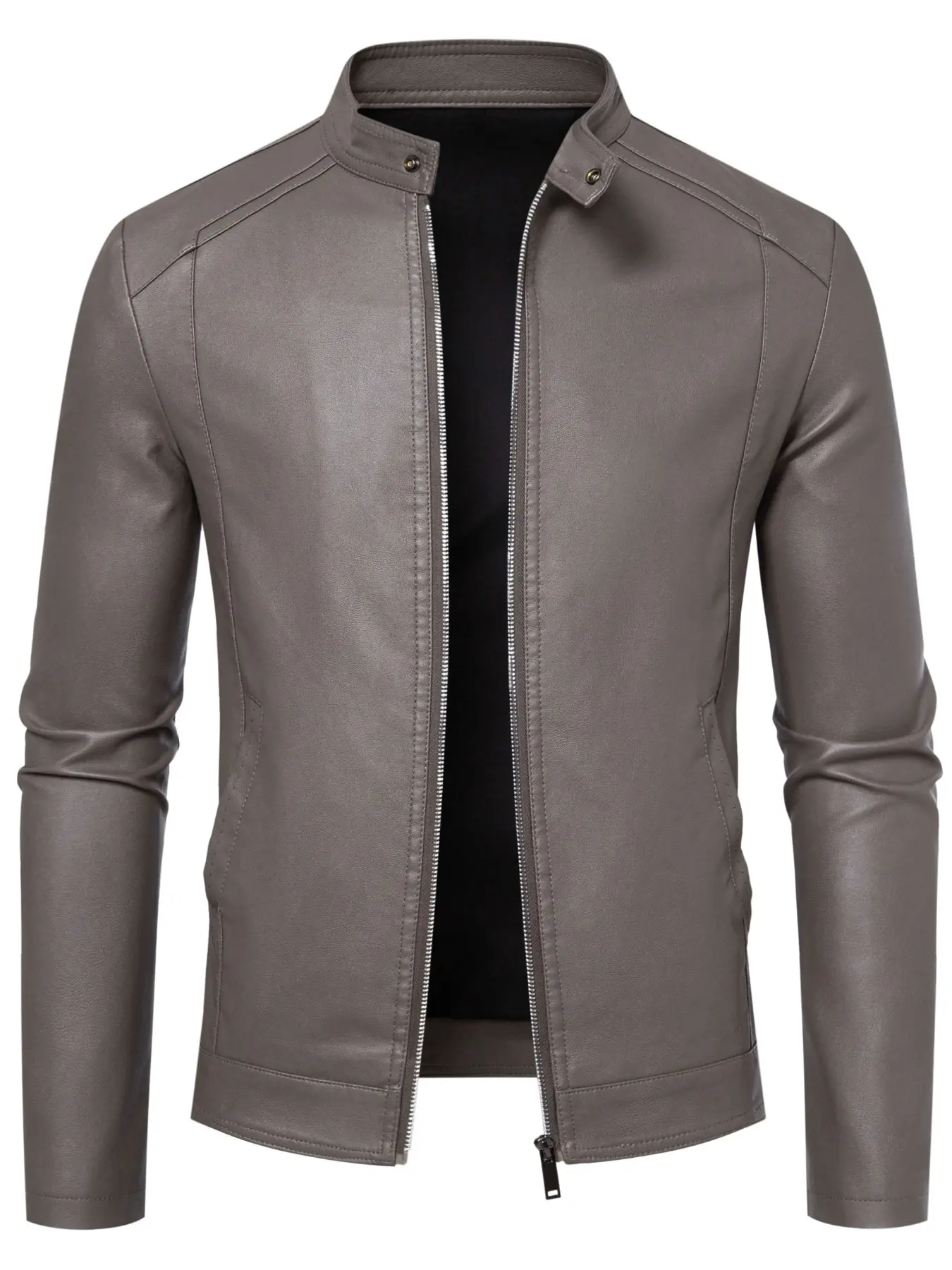 Men's Premium Faux Leather Jacket, Long Sleeve Slim Fit Fitted Stand Collar Plain Coat with Smooth Zipper & Precision Stitching, Business Casual Wear, Zip Up Jackets