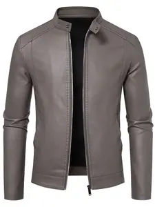Men's Premium Faux Leather Jacket, Long Sleeve Slim Fit Fitted Stand Collar Plain Coat with Smooth Zipper & Precision Stitching, Business Casual Wear, Zip Up Jackets