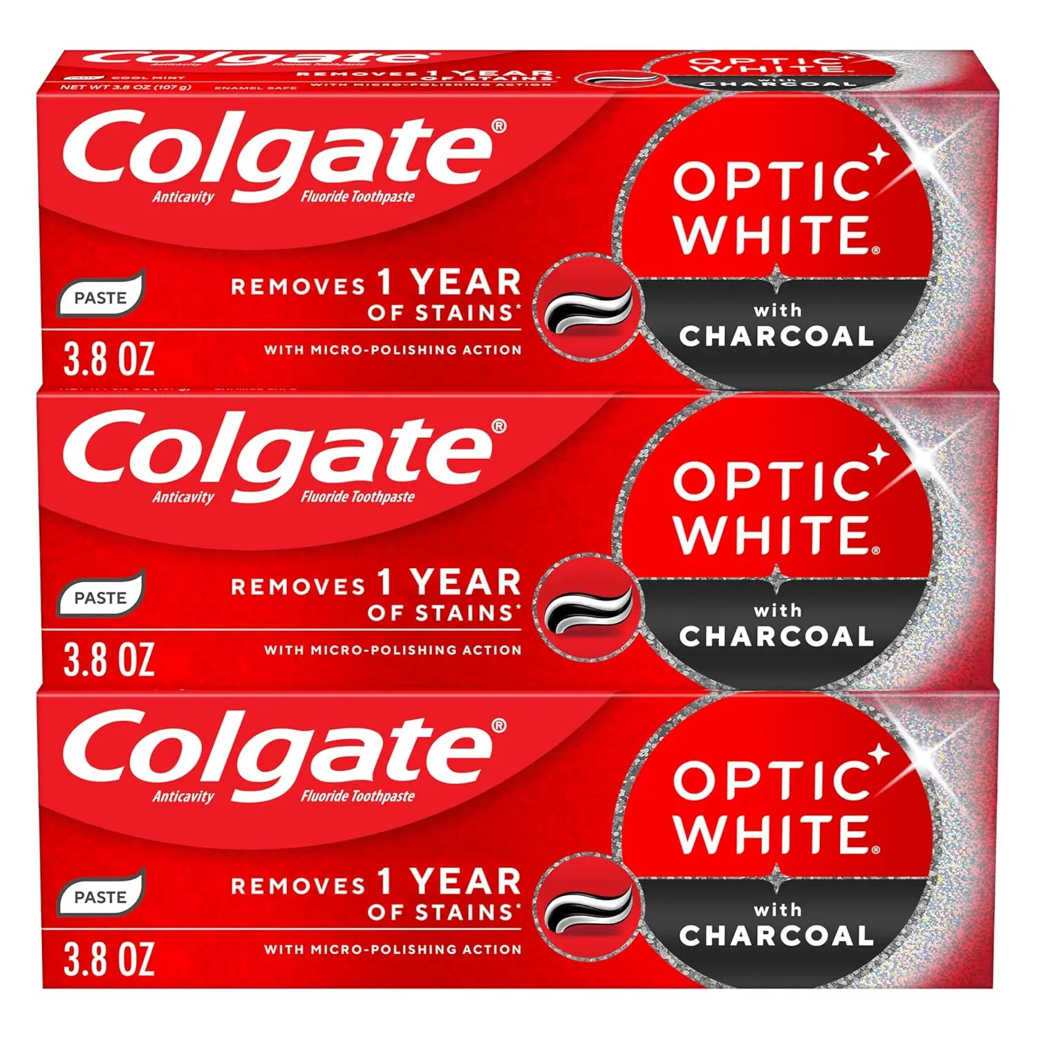 Colgate Optic White Charcoal Whitening Toothpaste Tube, Daily Oral Care with Sodium Fluoride 0.24% (0.15% w/v Fluoride Ion), Enamel Protection, Gentle Natural Cleansing, Stain Removal, Prevents Cavities/Bad Breath, Peppermint Cool Flavor, 3-Pack (3.8 oz),