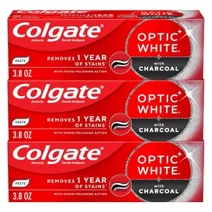 Colgate Optic White with Charcoal Enamel Protection Toothpaste - Gentle Natural Cleansing, Anticavity with Fluoride, Peppermint Cool Flavor, 3-Pack (3.8 oz), Enamel Protection Toothpastes