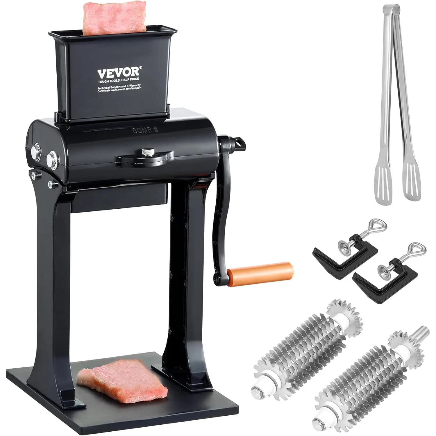 【Summerfinds】Commercial Stainless Steel Meat Tenderizer Machine, Heavy-Duty Food-Safe Manual Crank Tool for Restaurants, Hotels Cooking Use, 5.8" Feed Port, Quick Operation, Detachable Parts for Beef, Chicken, Pork, Venison