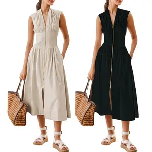 【GUNEST】Women’s Summer Smocked Midi Dress—V-neck, sleeveless/cap sleeve, zipper back, high slit, flowy and elegant for parties, birthdays, or minimalist daily looks. Waist-trainer friendly. Stylish beige essential.
