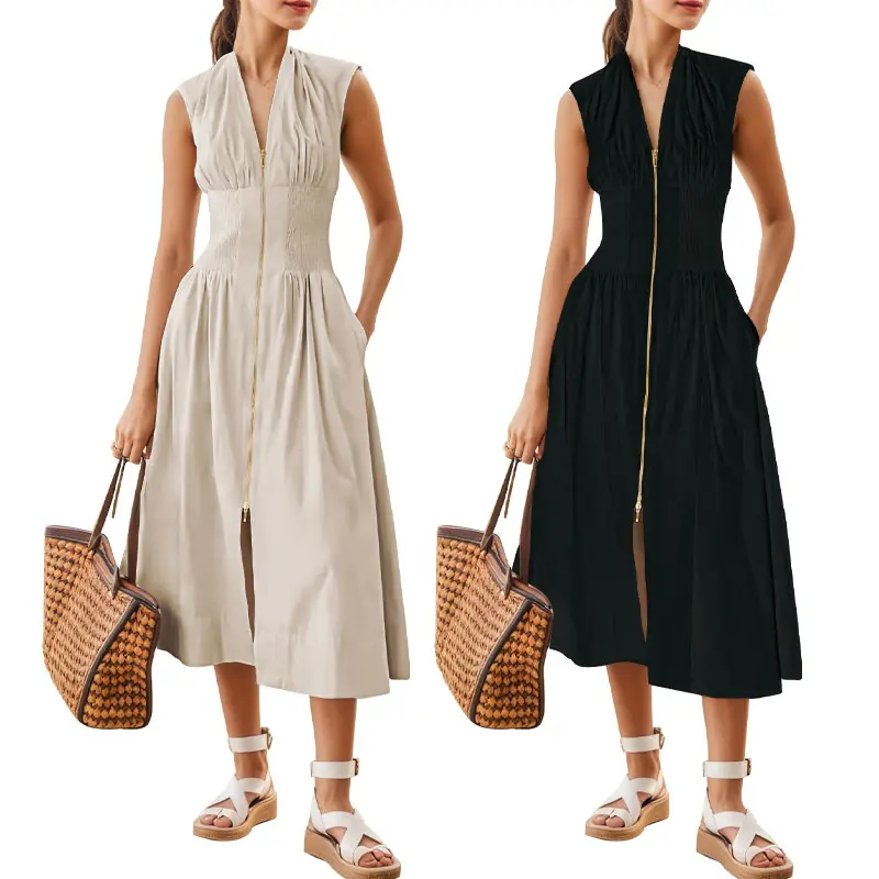 【GUNEST】Women's Dresses Summer Smocked Midi Piece - V-neck, Sleeveless/Cap Sleeve, Zipper Back, High Slit, Flowy Basic Elegant Dresses for Women, Waist-trainer Friendly, Beige Going Out Outfit, Deals For You Days, Minimalist, Casual Dresses