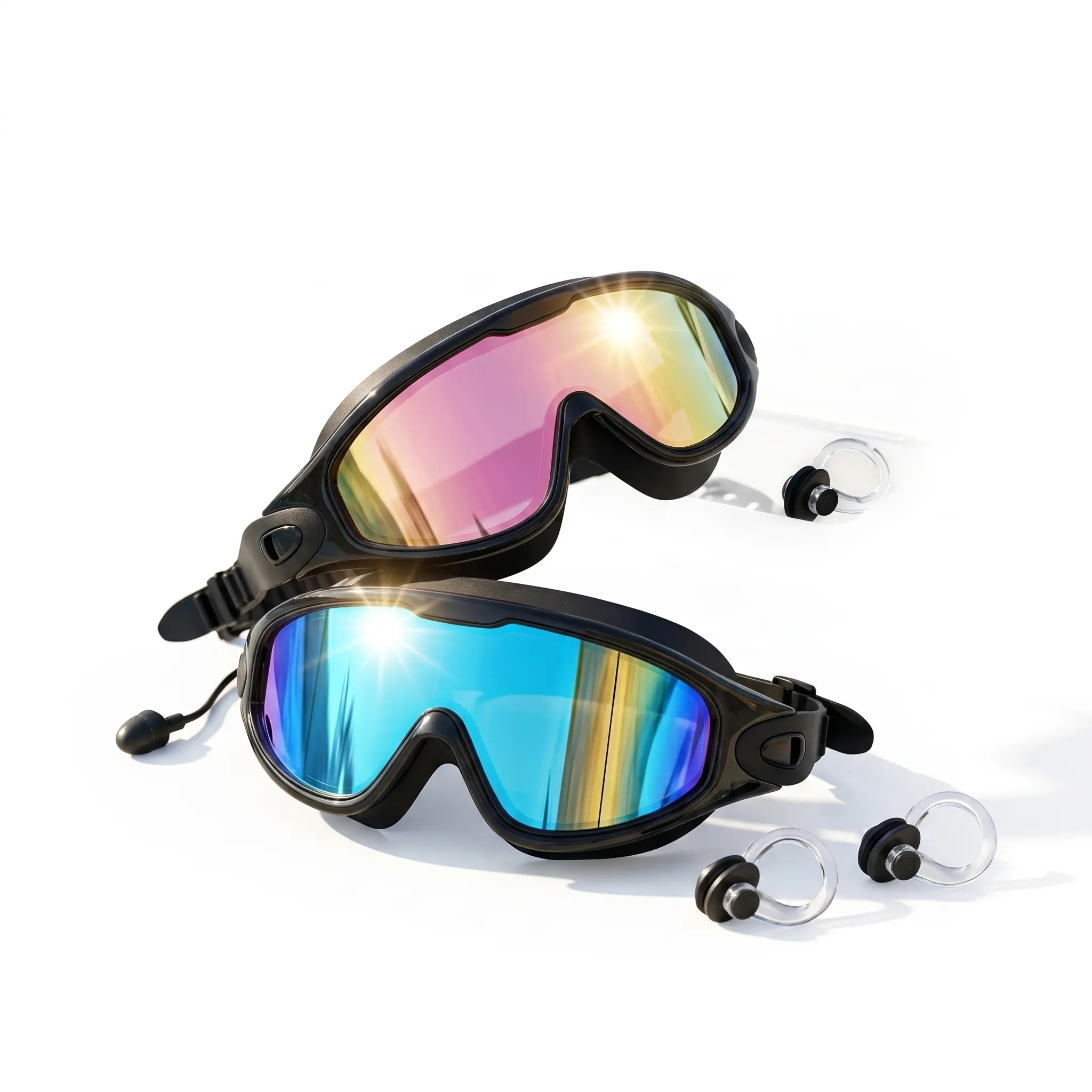 2-Pack Adult Swim Goggles (Aqua & Bright Rose) - Anti-Fog, No-Leak Silicone with Attached Earplugs & Case water uv swimming full-coverage anti-uv protection adjustable uv-protected wide view outdoor summer fun waterproof pool proof vision