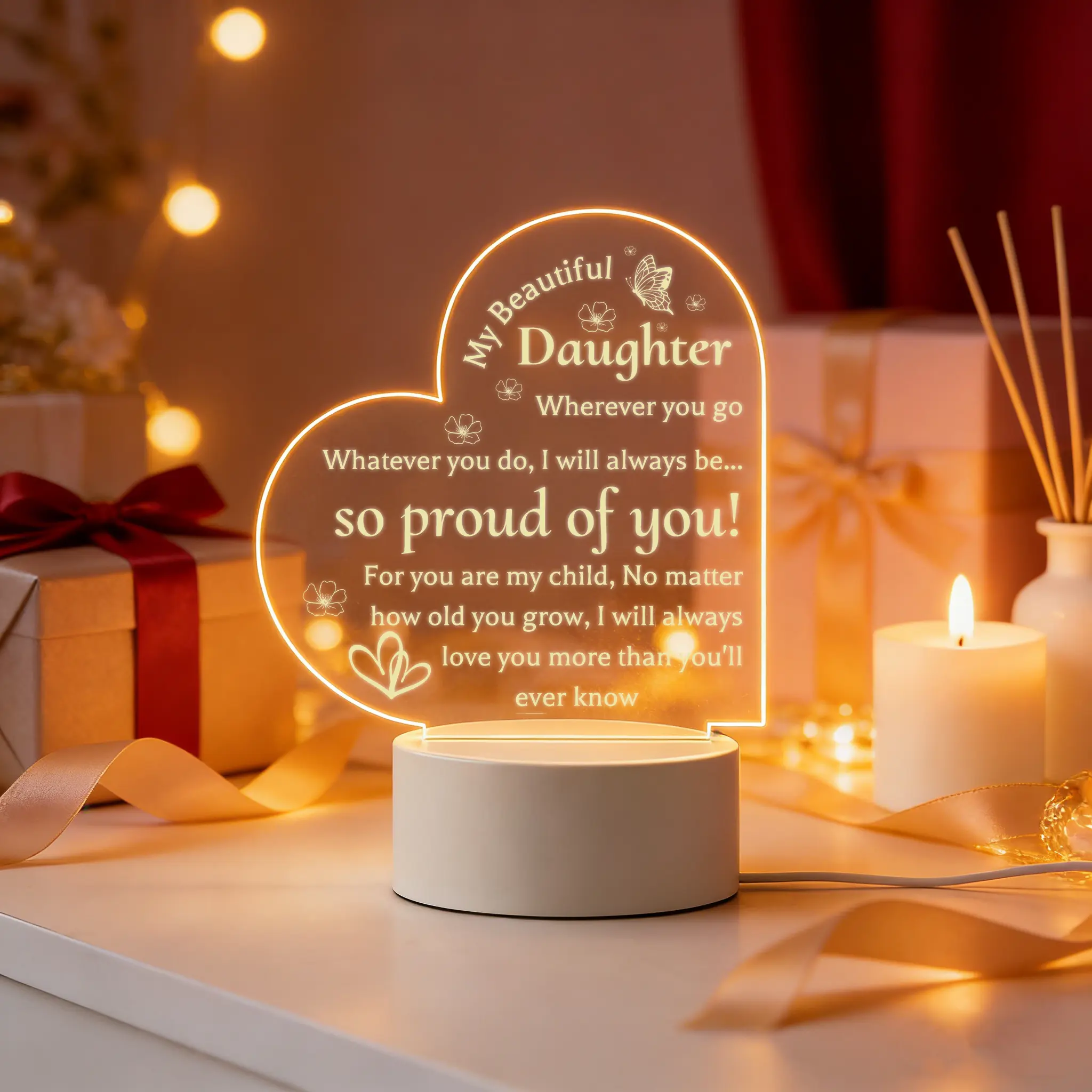 Afterprints Engraved Night Light with Custom Message - Daughter Graduation Gift from Mom and Dad, Decorative Lighting for Home Use, Festive Decoration