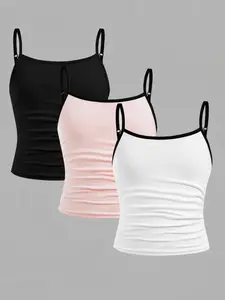 3-Pack Adjustable Strappy Ruched Tank Tops for Girls, Fitted Basic Casual Vest, All-Season Wear, Machine & Dry Washable