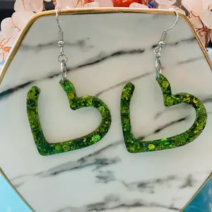Green Glitter Resin Heart Shape Earrings