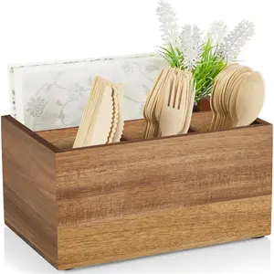 Acacia Wood Utensil Caddy Countertop Silverware Holder Organizer Cutlery Storage Containers for Kitchen Table and Party