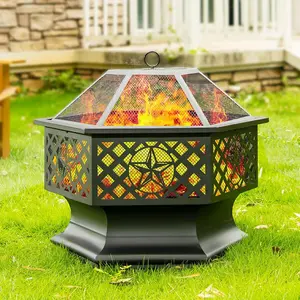 Outvue 28/33 Inch Outdoor Fire Pit, Hexagon Shaped Wood Burning Fire pits for Outside, Metal Fire pit with Fire Poker&Mesh Cover for Bonfire, Patio, Garden,Beach and Camping (Black)