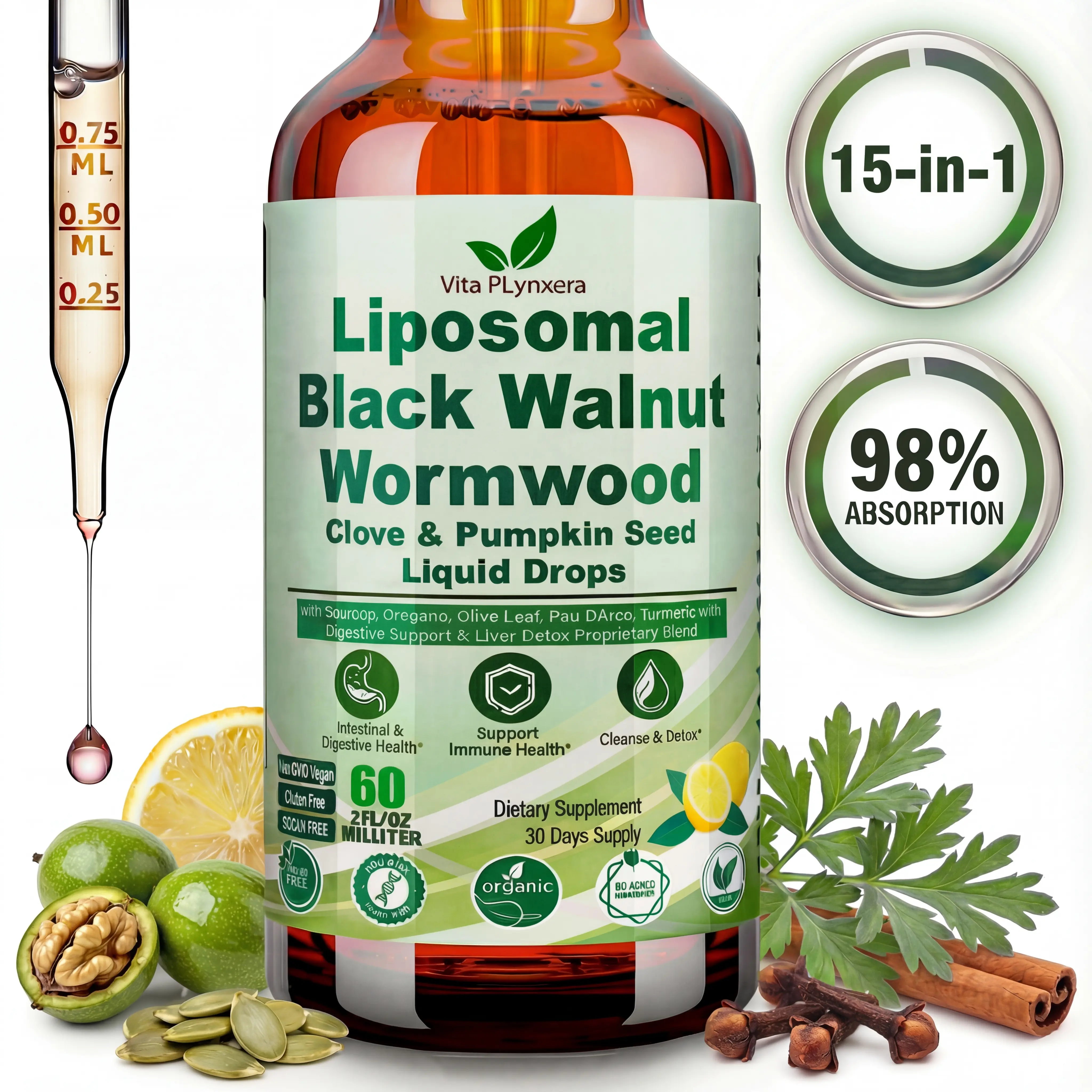 Detox Supplement Wormwood Black Walnut Clove Cleanse Drops for Human, 15-in-1 Triple-Action Gut Detox & Digestive Wellness Organic Liquid Tincture w. Soursop PAU DArco Oil of Oregano, Elimination Detox Cleanse