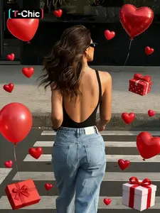 Women's Slim-Fitting Backless Jumpsuit in Solid Color, Deep U Neck Sleeveless Strap Bodysuit for Valentine's Day, Sexy Fashion Style, Womenswear