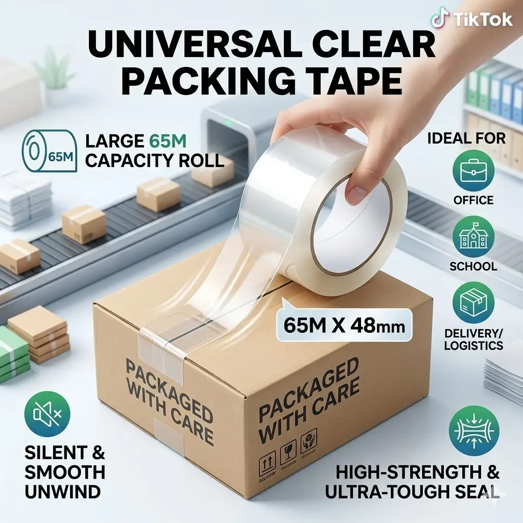 All-Purpose Transparent Adhesive Packaging Tape, Clear Packing Tape, 65m Large Capacity, Smooth Sealing Without Noise, Ideal for Office/school/shipping, High Strength