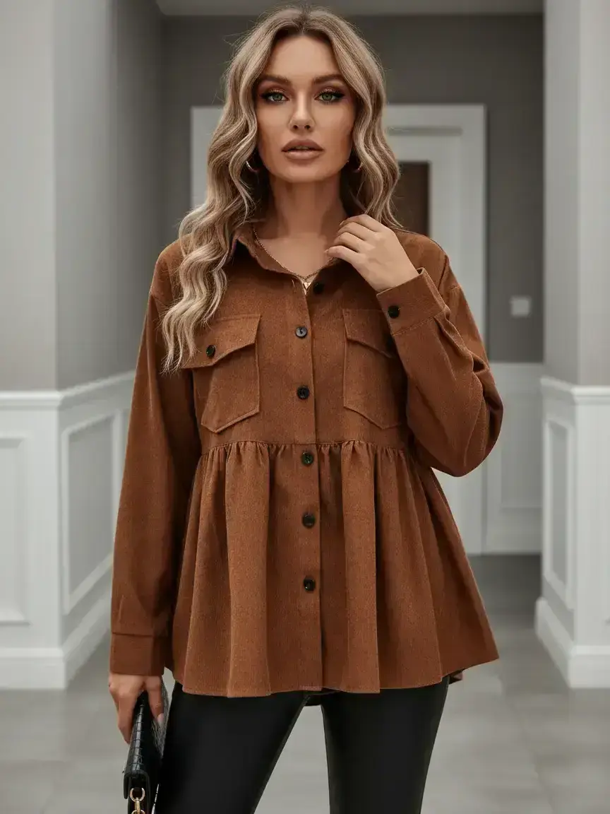 【Plus Size】Flap Pocket Ruffle Hem Button Front Shirt Blouses, Womenswear Casual Long Sleeve Collared Fit Peplum Top for Fall & Winter, Women's Clothes for Daily Wear, Fitted, Feminine, Button Up Top