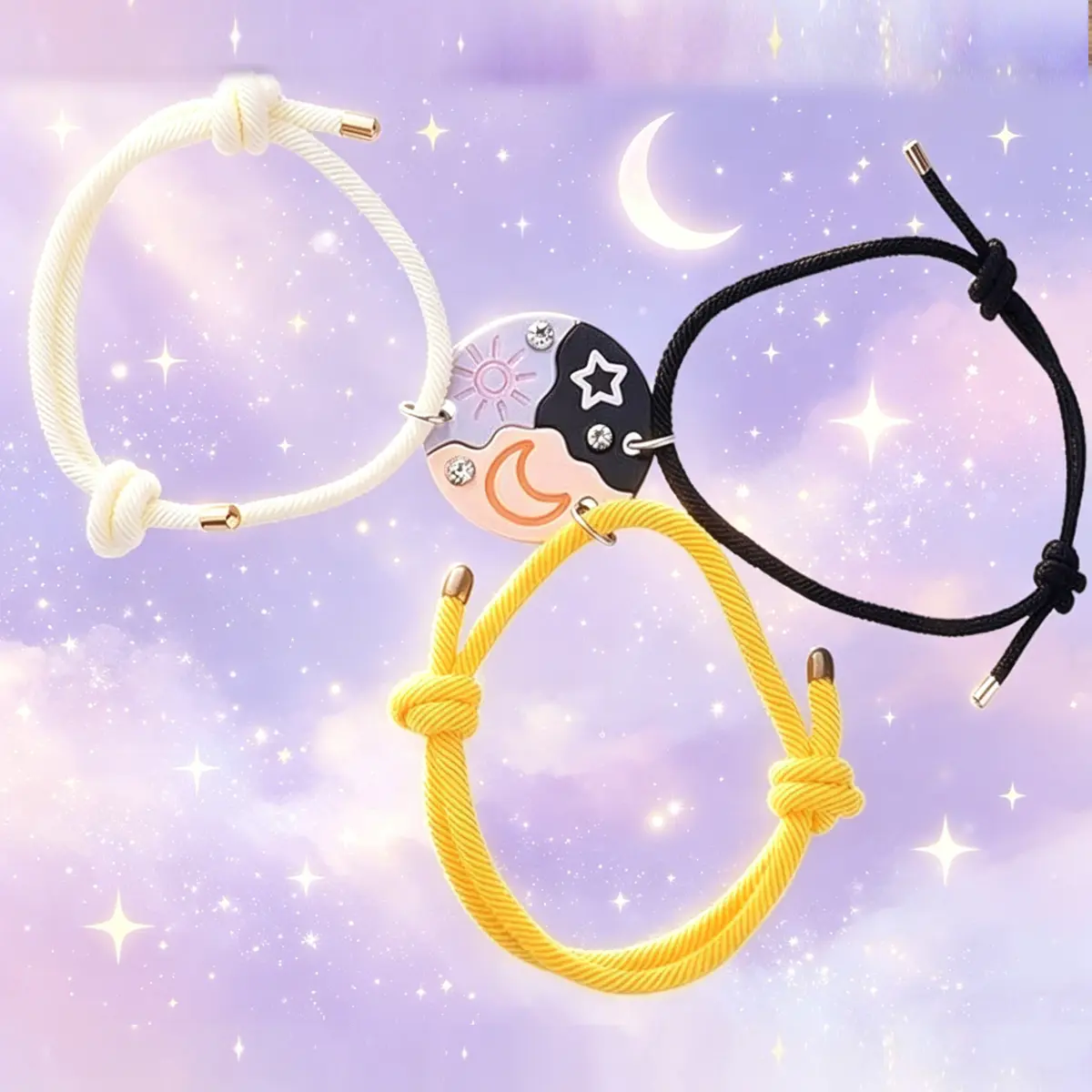 Magnetic Sun Moon Star Matching Ajustable Bracelet Set for 3, Puzzle BFF Friendship Bracelets with Rhinestone Charm, Best Friend & Sister Jewelry Gift for Birthday, Anniversary & Valentine's Day