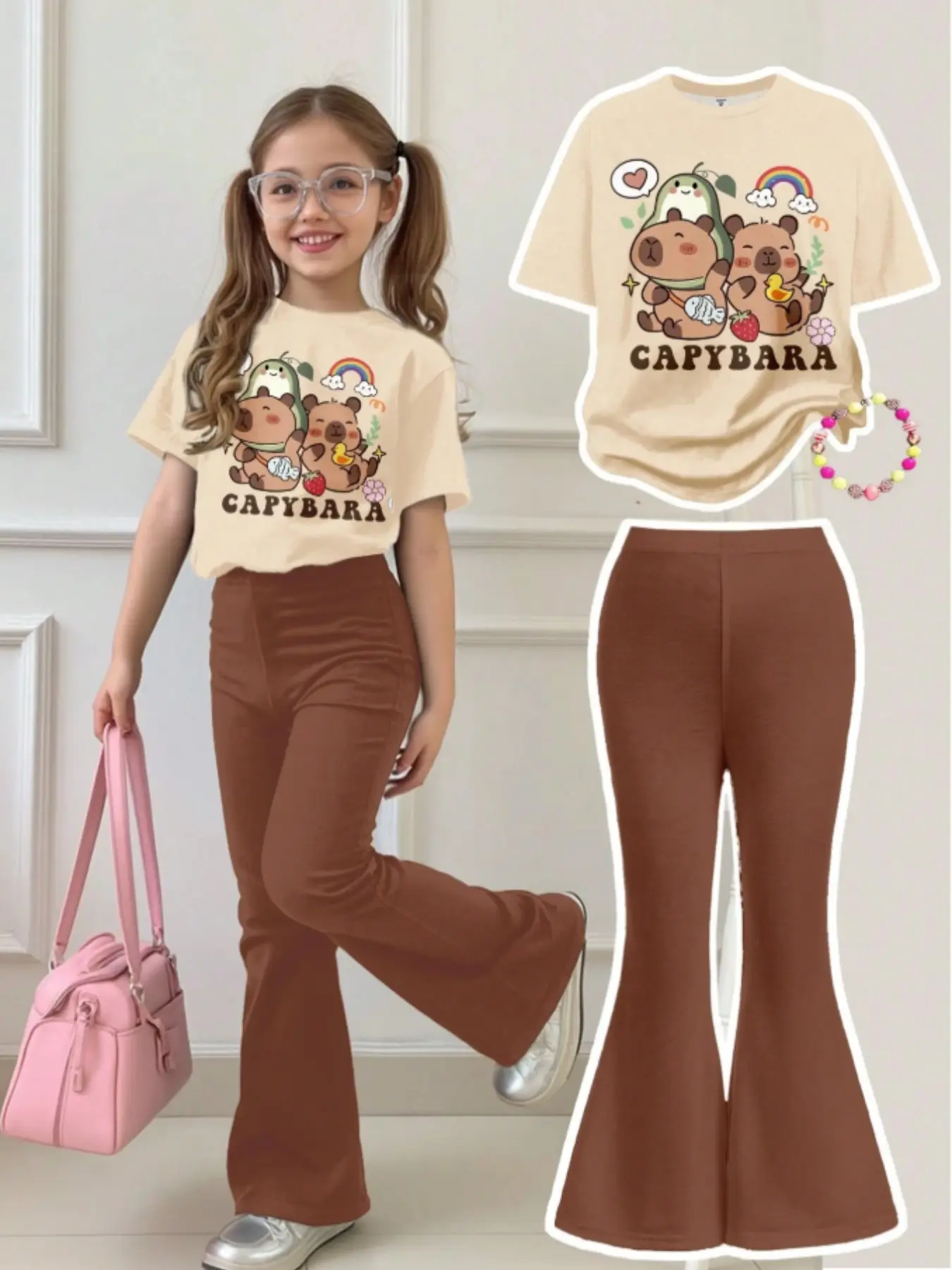 Teen Girls Casual Loose Fit Watermelon Short Sleeve T-Shirt and Bell Bottoms Set, Summer Wear, Summer Outfits Set, All Seasons, Fitted Style, Casual Fashion Set, Casual Outfit Set, Summer Clothing Set