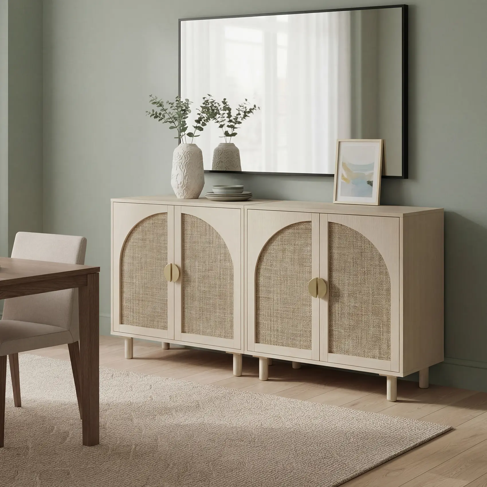 Oakault Rattan Sideboard Buffet Cabinet with Storage, Wooden Storage Cabinet with Doors and Adjustable Shelves, Boho Cabinet with Curved Door for Living Room, Kitchen, Entryway (Beige) sohochic