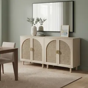 Oakault Rattan Sideboard Buffet Cabinet with Storage, Wooden Storage Cabinet with Doors and Adjustable Shelves, Boho Cabinet with Curved Door for Living Room, Kitchen, Entryway (Beige) fathersdaygift