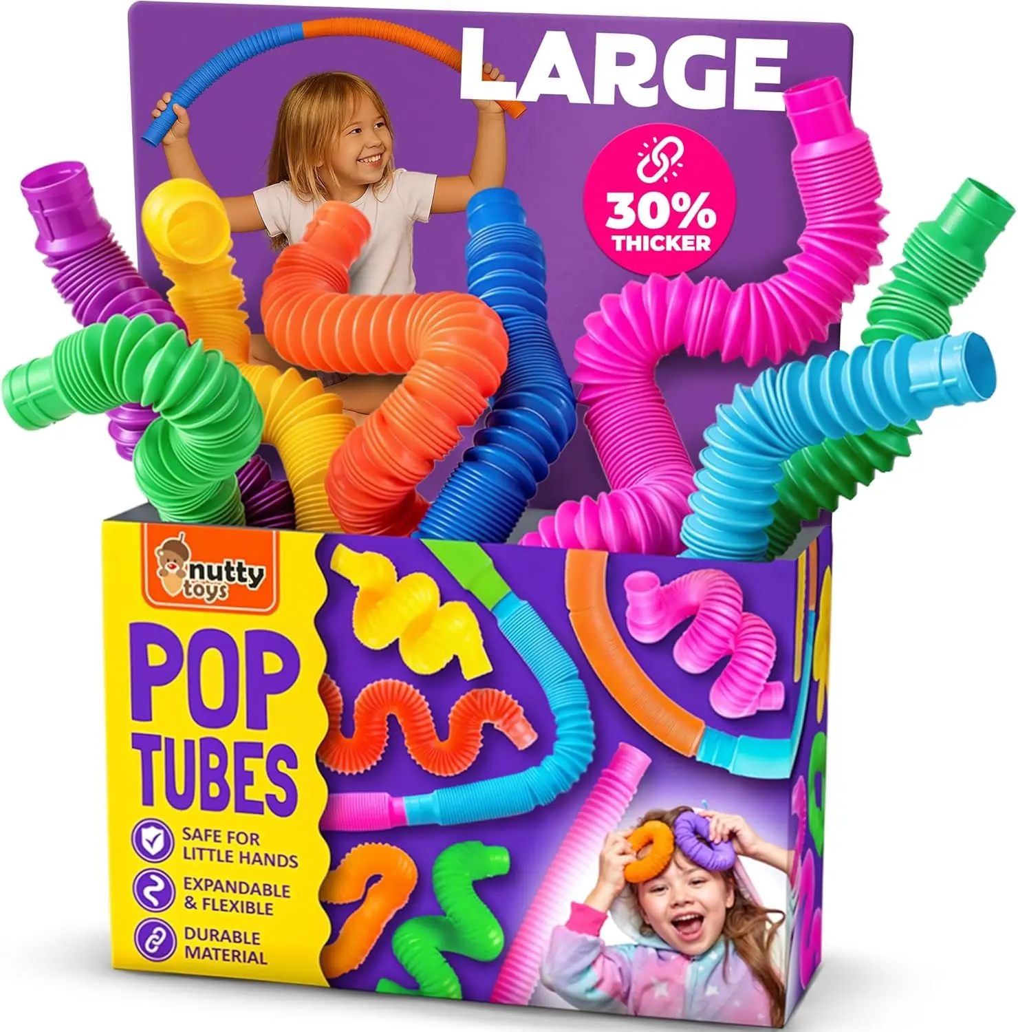 Nutty Toys Pop Tubes - Large 8-Pack Sensory Toys - Creative STEM Learning for Kids & Toddlers - Connect & Pop! Top ADHD Autism Fidget 2026, Best Boy & Girl Christmas Stocking Stuffers Gifts Idea nutty toys