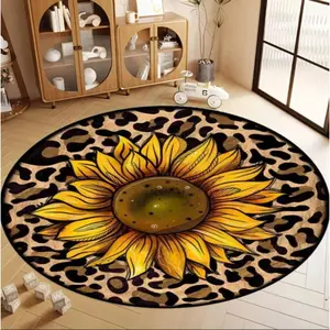 Sunflower & Leopard Print Round Rug, Non-slip Washable Floor Mat, Decorative Carpet for Home Living Room Bedroom, Home Decor, Animal Print Rug, Decorative Area Rug