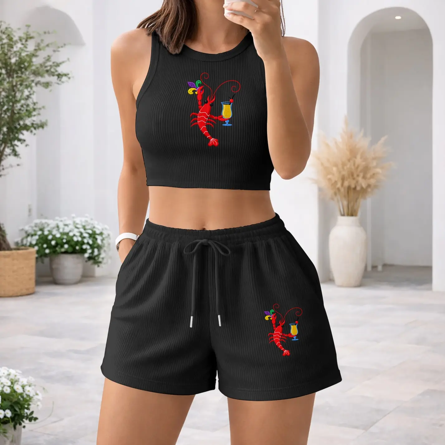 Women's Casual Two-Piece Set featuring a Lobster Print—comprising a sleeveless cropped tank top and shorts. Crafted from soft, stretchy fabric, this summer outfit is perfect for both vacation getaways and relaxed home wear.