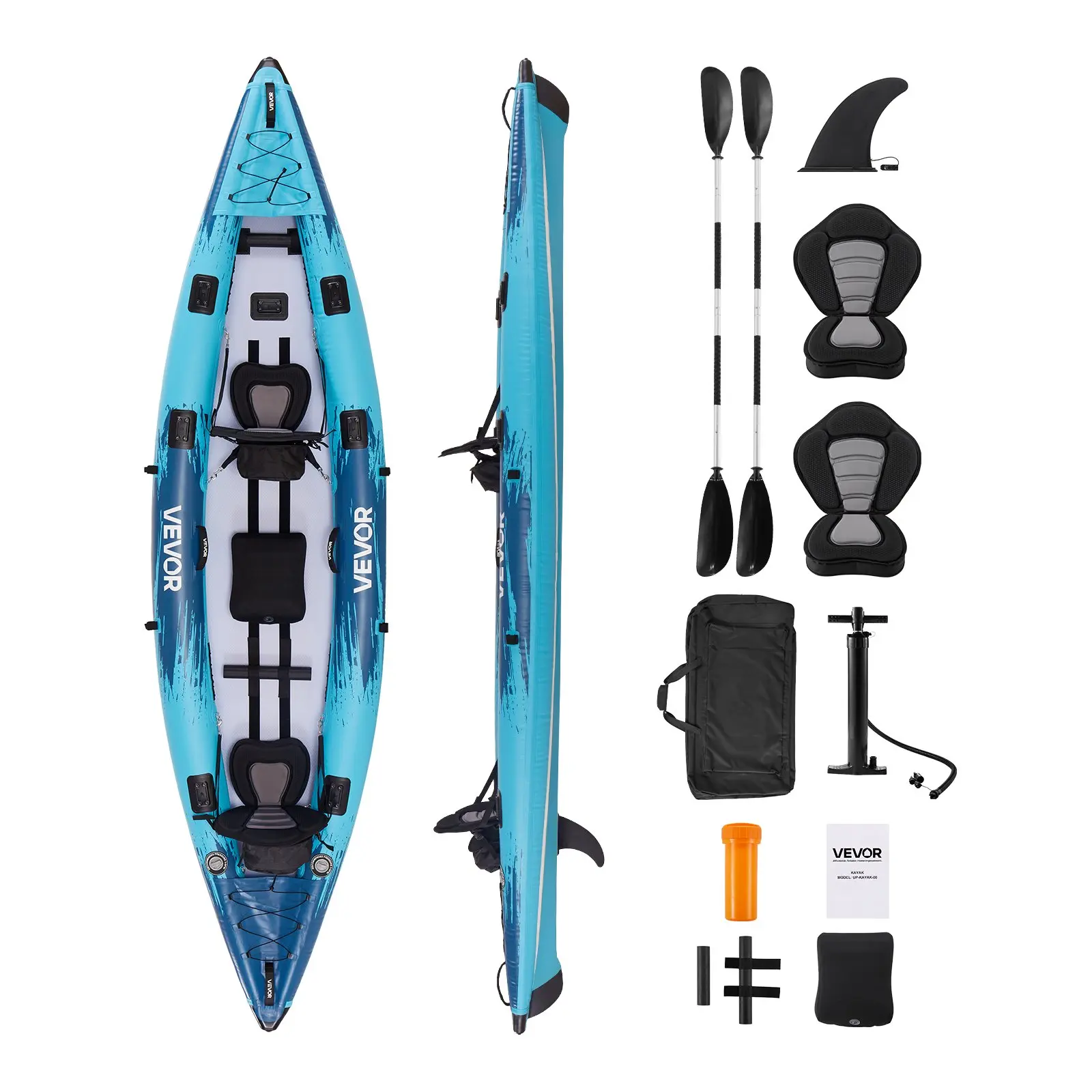 【Summerfinds】VEVOR Adult 2-Person Sport Kayak, 700LBS Capacity, 172x42.9x12.8in, Leak&Puncture-Resistant, PVC Drop-Stitch Floor, Padded Seat, 2 Paddles, Hand Pump, Carry Bag, Anti-Collision Head&Tail for Fishing,Camping (Blue)