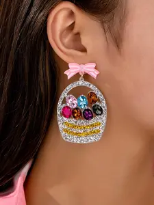 Fashion Easter Gemstone Egg Earrings Pendant Set, Trendy Jewelry, Sweet Bowknot & Gemstone Egg Interwoven, Elegant Design, Perfect for Holidays, Daily Wear, Parties, Travel