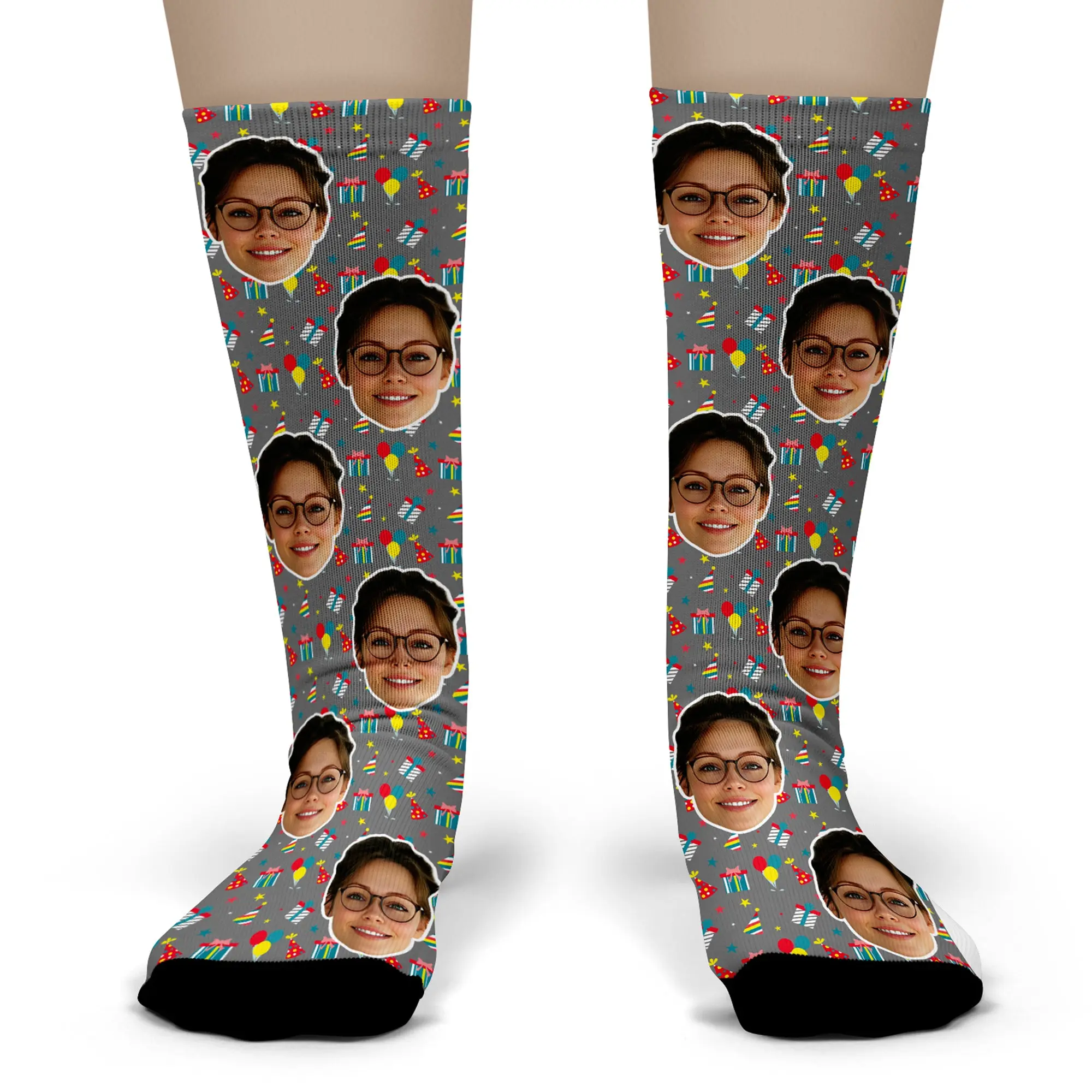 Custom Christmas Socks – Personalized Face Photo Gift with Presents Background