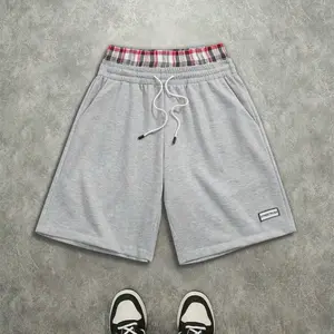Streetwear Gray Plaid Waistband Drawstring Shorts with Logo Patch