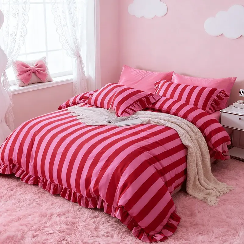 Cute Striped Vintage Ruffle Bedding Set, Bed Sets, Decorative Bedding Set, 3 Piece Set Includes 1 Duvet Cover + 2 Pillowcases No Insert, Cozy Bedroom Decor, All Seasons Use