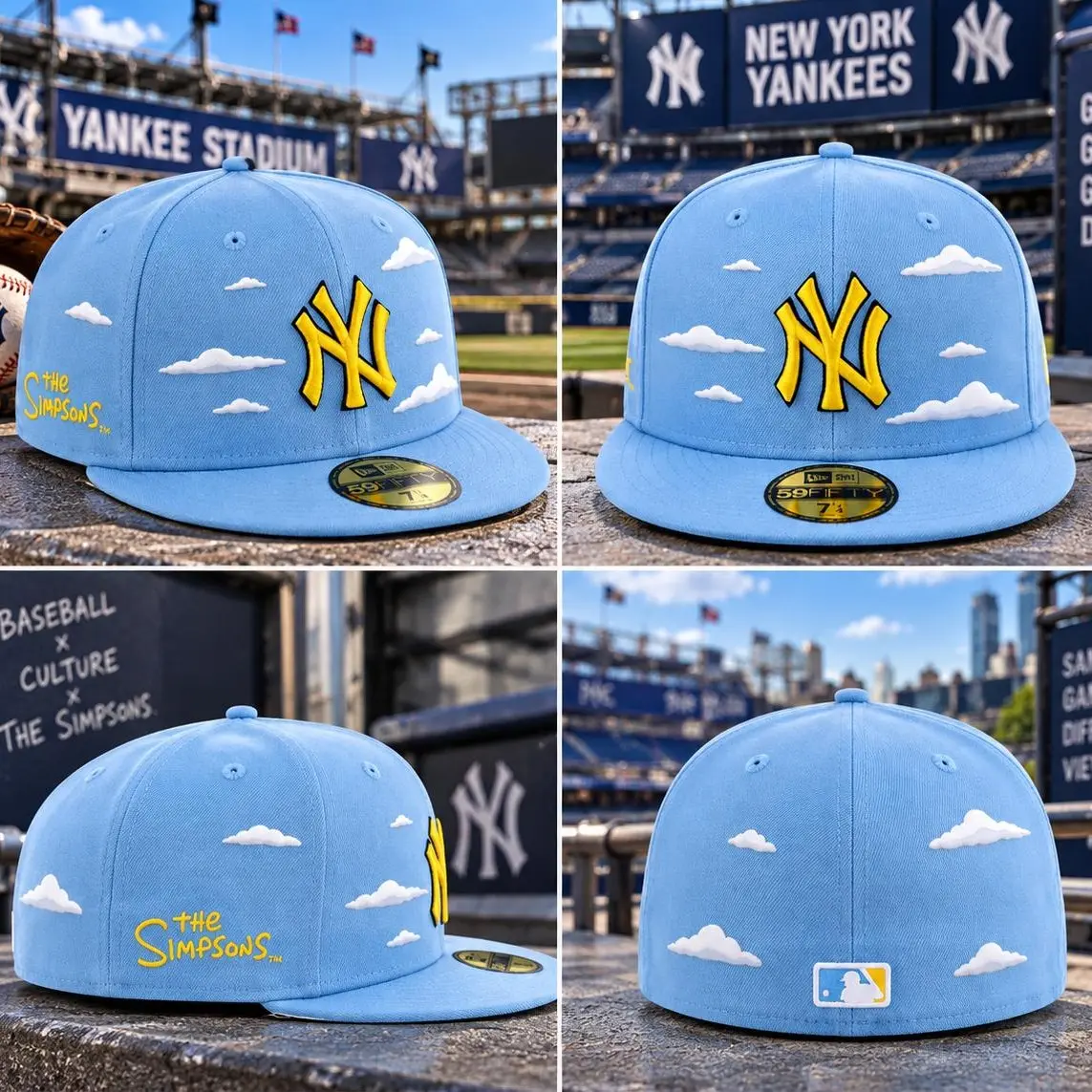 New York Yankees x The Simpsons 59FIFTY Fitted Hat | Sky Blue Cloud Design | Embroidered NY Logo | MLB Streetwear Cap 2026