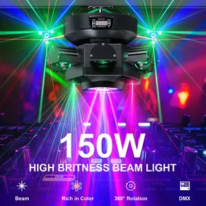 Professional DJ Light 6-Arm 150W Moving Head RGBW Bee-Eye Beam with LED Halo Ring DMX512 26 Channel Laser Starry Sky White Amber Strobe Sound Activated for Events