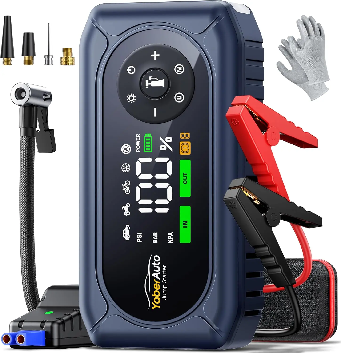 YaberAuto AP02 5000A 150PSI Car Battery Jump Starter with Air Compressor & Glove | Car Jumper Starter Portable with Tire Inflator, Jump Box Pack (9L Gas/8L Diesel) Jumper Cables, 18W Fast Charge, 800LM Light