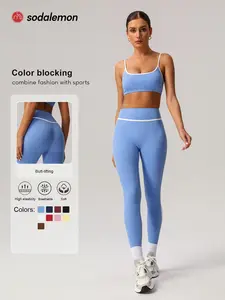 Women's Contrast Binding Crop Cami Top & High-Waist Leggings Set, Casual Sleeveless Top & Skinny Pants Two-Piece Yoga Outfits, Ladies Sportswear Workout Running Clothes for Indoor & Outdoor Wear