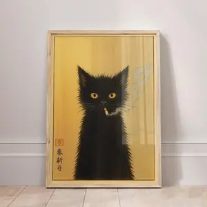 Japanese Black Cat Smoking Art Print, Funny Cat Poster, Japandi Wall Art, Asian Wall Art, Gift for Cat Lovers, Japanese Wall Art, Gift Idea