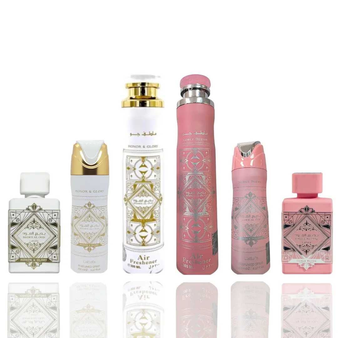 Badee Al Oud Honor and Glory perfume + Badee Al Oud Honor and Glory Air Freshener + Badee Al Oud Honor and Glory Deodorant+ Badee Al Oud Noble Blush perfume + Badee Al Oud Noble Blush Air Freshener + Badee Al Oud Noble Blush Deodorant, Perfume Set