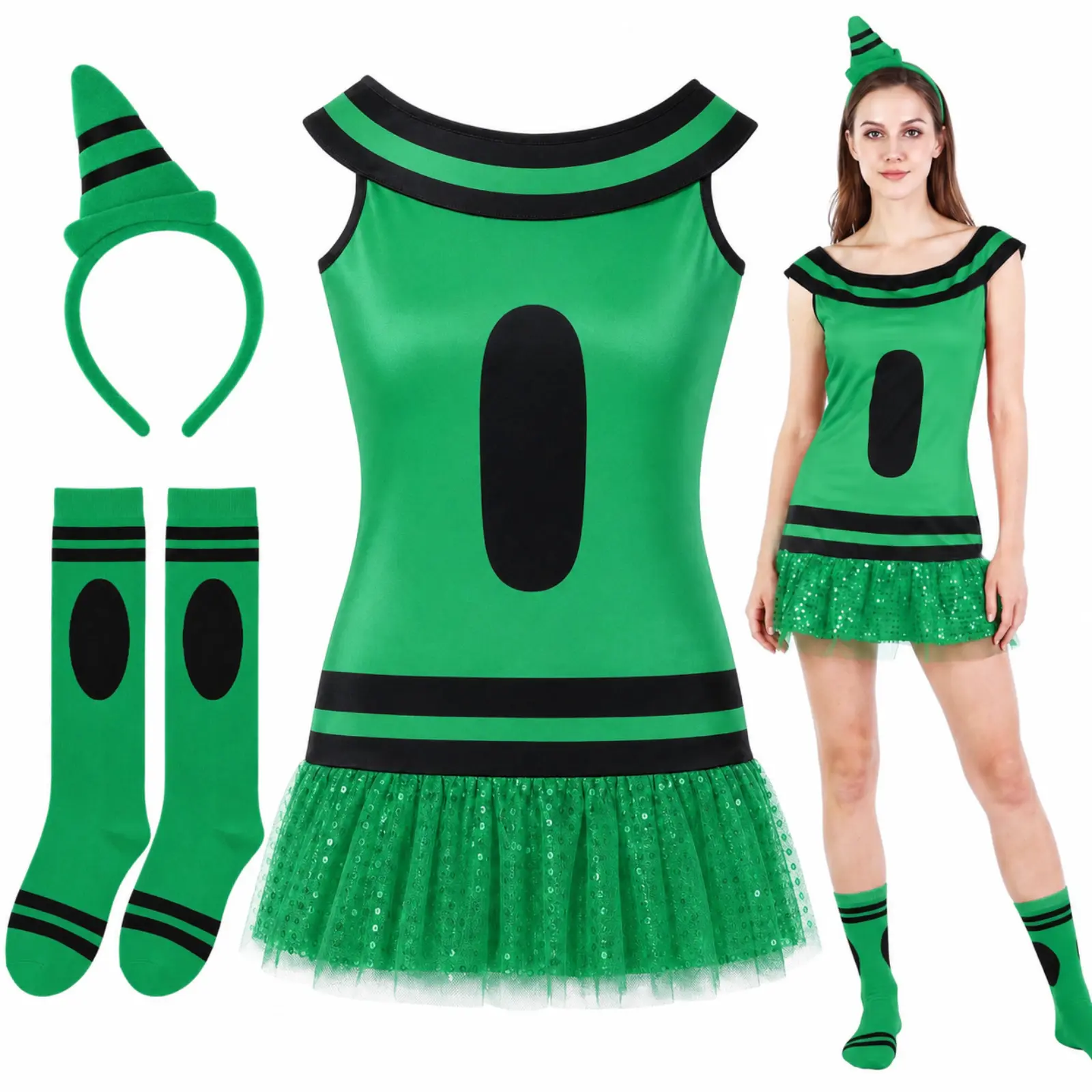 Halloween Crayon Costume Group Teacher Halloween Costume Cosplay Funny Halloween Teacher Outfit with Dress Tutu Skirt & Gnome Cone Headband & Socks for Preschool Kindergarten School Classroom Halloween Colorful Art Party Trick-or-treat Teacher Gift