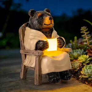 Miniature Garden Statue, Solar Black Bear Decoration with Light, Outdoor Decor for Patio Yard Lawn Balcony, Christmas/Birthday Gift for Mom Women