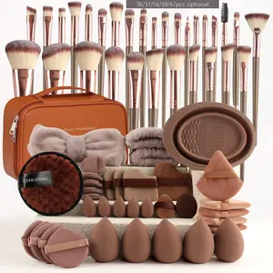 Beauty Tool Set Includes Makeup Brush Sponge, Makeup Brushes, Beauty Blender, Finger Puffs, Cushion Compact, Powder Puff, Cleansing Puff, Hair Tie, Travel Bag, Makeup Tools Set