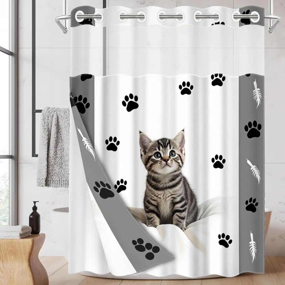 1pc hookless shower curtain with buckle lining, Hookless bathroom curtain, grey and white kitten paw print design, 2D printing, fabric waterproof lining, double-layer shower curtain, 71 x 74 inches