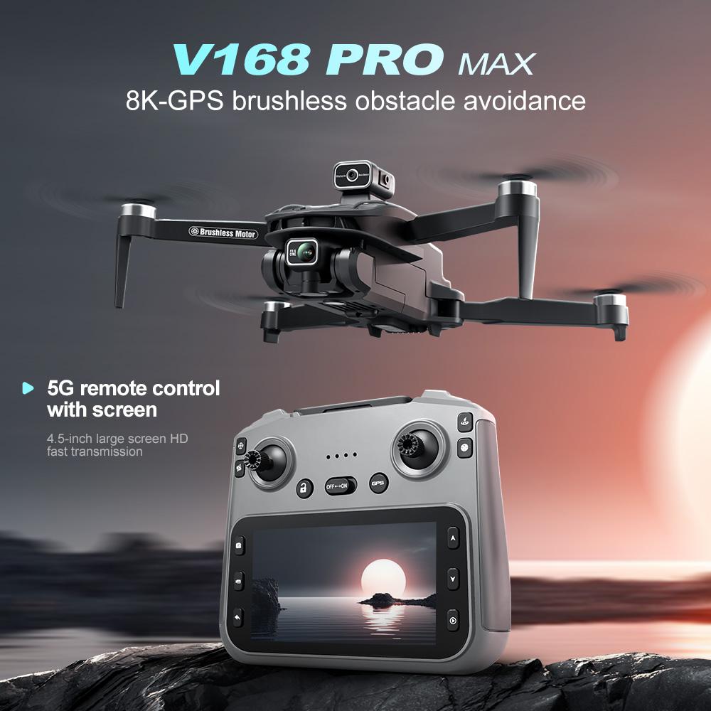 V168 Pro Max Drone with 8K  PTZ Camera, 4.5" Screen Remote Control, 2000m Long Range, GPS Return-to-Home, Brushless Motors, Dual Lenses, Foldable Design, 244g Lightweight, 100m Flight Altitude, 2 Batteries