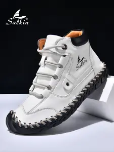 Men's Handmade Fashion Lace-Up Boots, Simple Solid Color High-Top Retro Barefoot Boots, Comfortable Wear-Resistant Non-Slip Rubber Large Size Walking Shoes