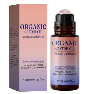 Organic Castor Oil with Rose Quartz Roller – 100% Pure, Hexane-Free, Cold-Pressed for Nourishing Lashes, Brows, Dry Skin & Cuticles – Extra Virgin Expeller Pressed, Deep Moisturizing Beauty Oil with Cooling Massage Tool – 50ml / 1.69 FL.OZ