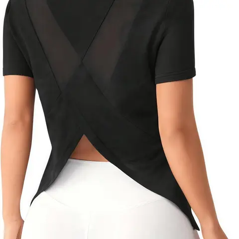 Women's Solid Asymmetrical Hem Sports Tee, Breathable Mesh Contrast Design Open Back Athletic Short Sleeve T-Shirt for Yoga Running, Backless Sports Tee, Activewear Tees, Activewear T Shirts, Activewear Clothes