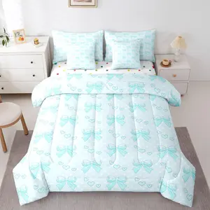 Cartoon Bow Comforter Set 7 PCS Bowknot Bedding Set for Kids Boys Girls Polka Dot Bed in a Bag with Comforter,Sheets,Pillowcases,Cushion Covers Blue Heart Pattern Bedroom Decor