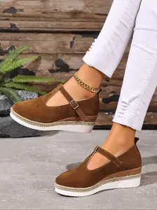 Elegant Hollow Out Buckle Strap Women's Shoes, Straw Rope Sole Wedge Heel Casual Flats, Versatile Fashion Footwear for Daily Wear, Platform Mary Janes
