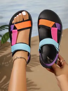 Summer Sporty Sandals for Women, Thick Sole Platform Shoes with Velcro Strap, Adjustable Unique Sandals, Anti-Slip Rhinestone Beach Shoes, Fashion Galaxy Pattern, Casual Outdoor Sandals