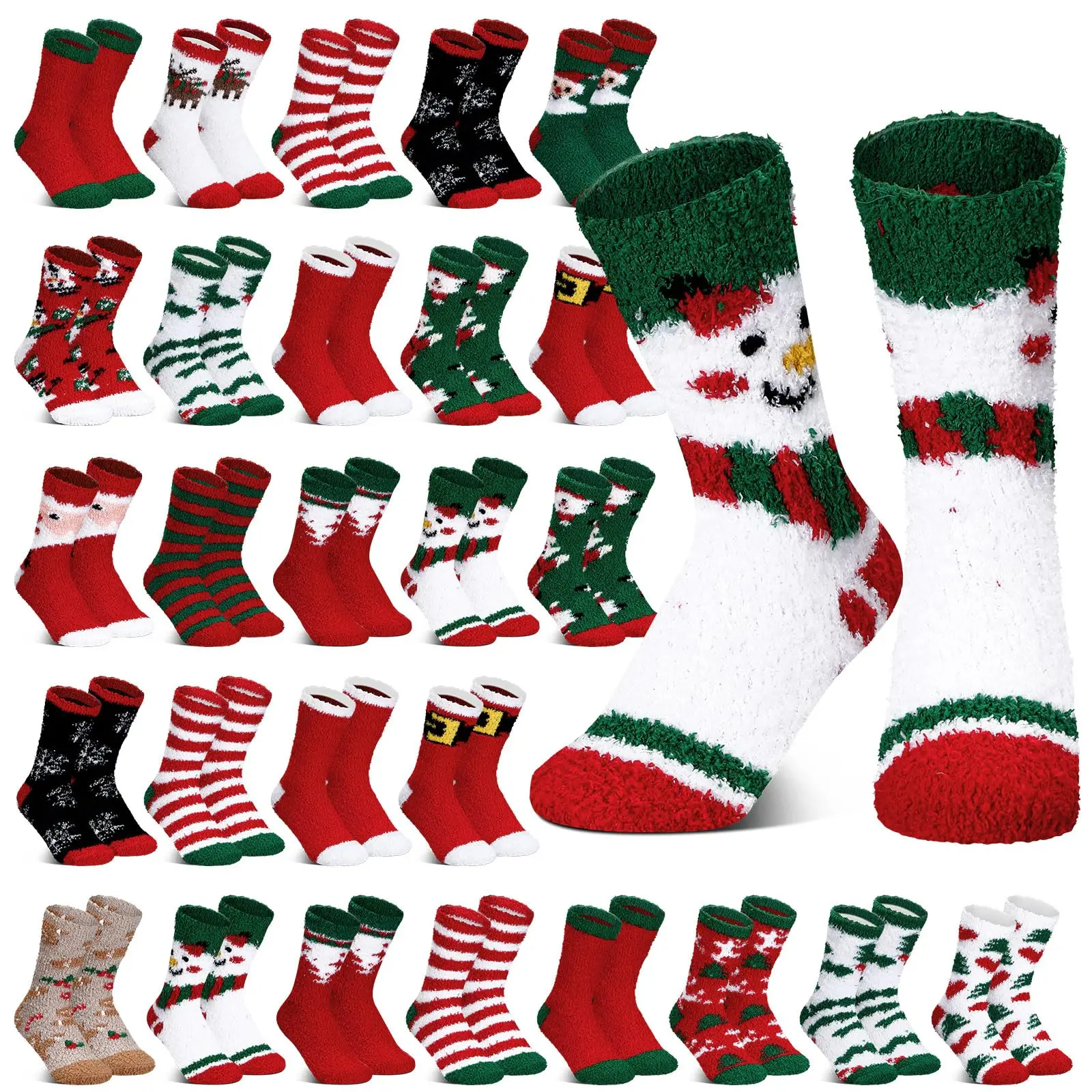 Women's Unisex 30-Pair Bulk Christmas Fuzzy Cozy Socks, Fluffy Warm Crew Socks for Adult Men, Holiday Gifts