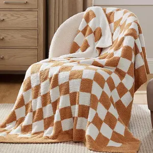 Bedsure Checkered Blanket for Couch - Super Soft, Cozy & Warm Knit Blanket, Breathable, Lightweight & Fluffy for Bed & Sofa, Checkered Camel